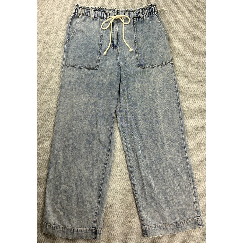 Dex Womens Large Acid Wash Blue Denim Pants Wide Leg Drawstring Elastic Waist